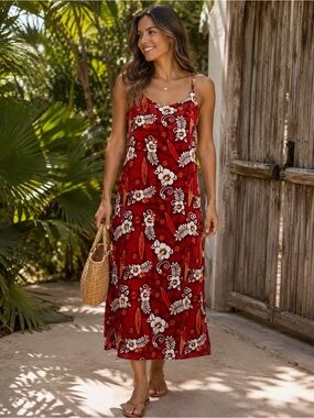 Blue Sky Red Floral Spaghetti-Strap Maxi Dress